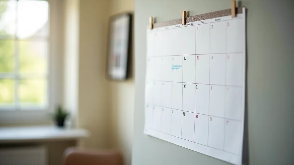 Calendar on wall with checkmarks marking daily language study sessions, showing consistent practice habit