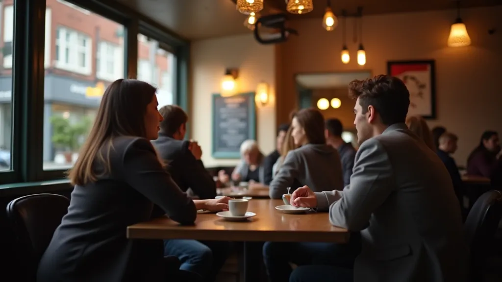 Cozy Dublin café with people seated at small tables having animated conversations, warm afternoon light streaming through windows, relaxed social atmosphere