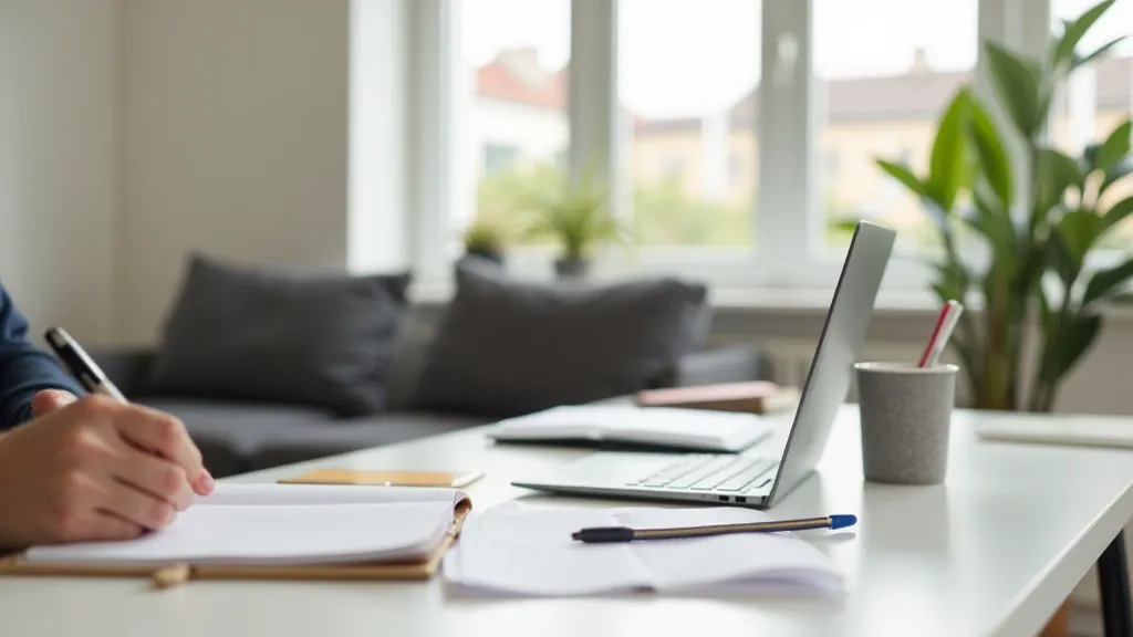 Language learning workspace with study materials and laptop