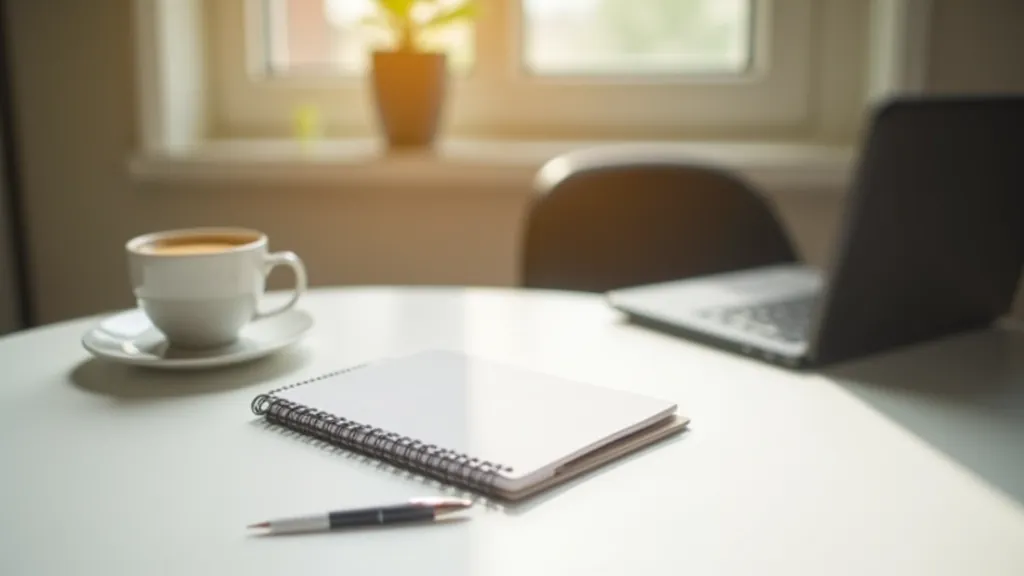 Morning study routine with coffee, notebook, and smartphone on clean desk with natural light streaming in