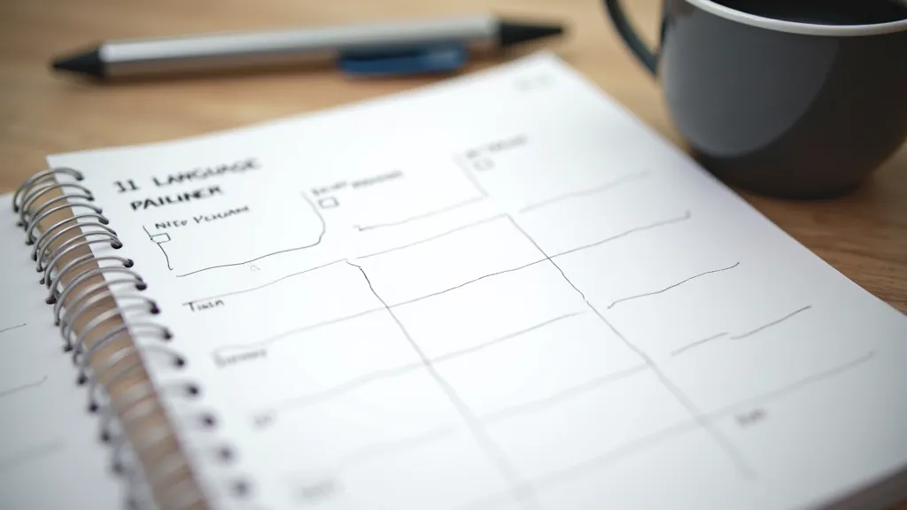 Weekly planner with language learning goals written out, showing days of the week organized by skill focus