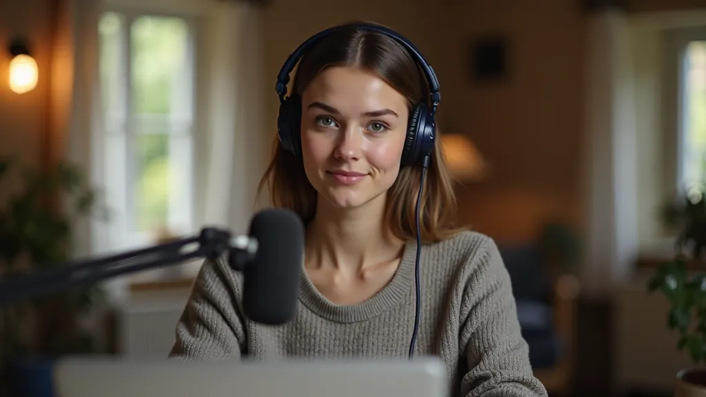 Person wearing headphones at desk, microphone visible, engaged in a language learning speaking practice session