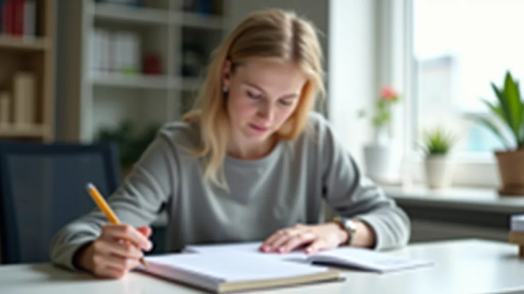 Aoife O'Sullivan working at desk with language learning materials, notebooks, and coffee cup in Dublin office